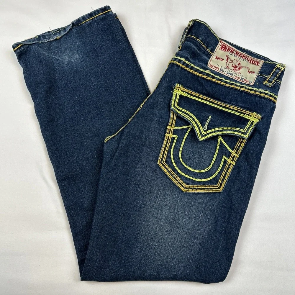 Mens True Religion Billy Super T Yellow Stitch Denim Jeans Size 40x34 USA Made